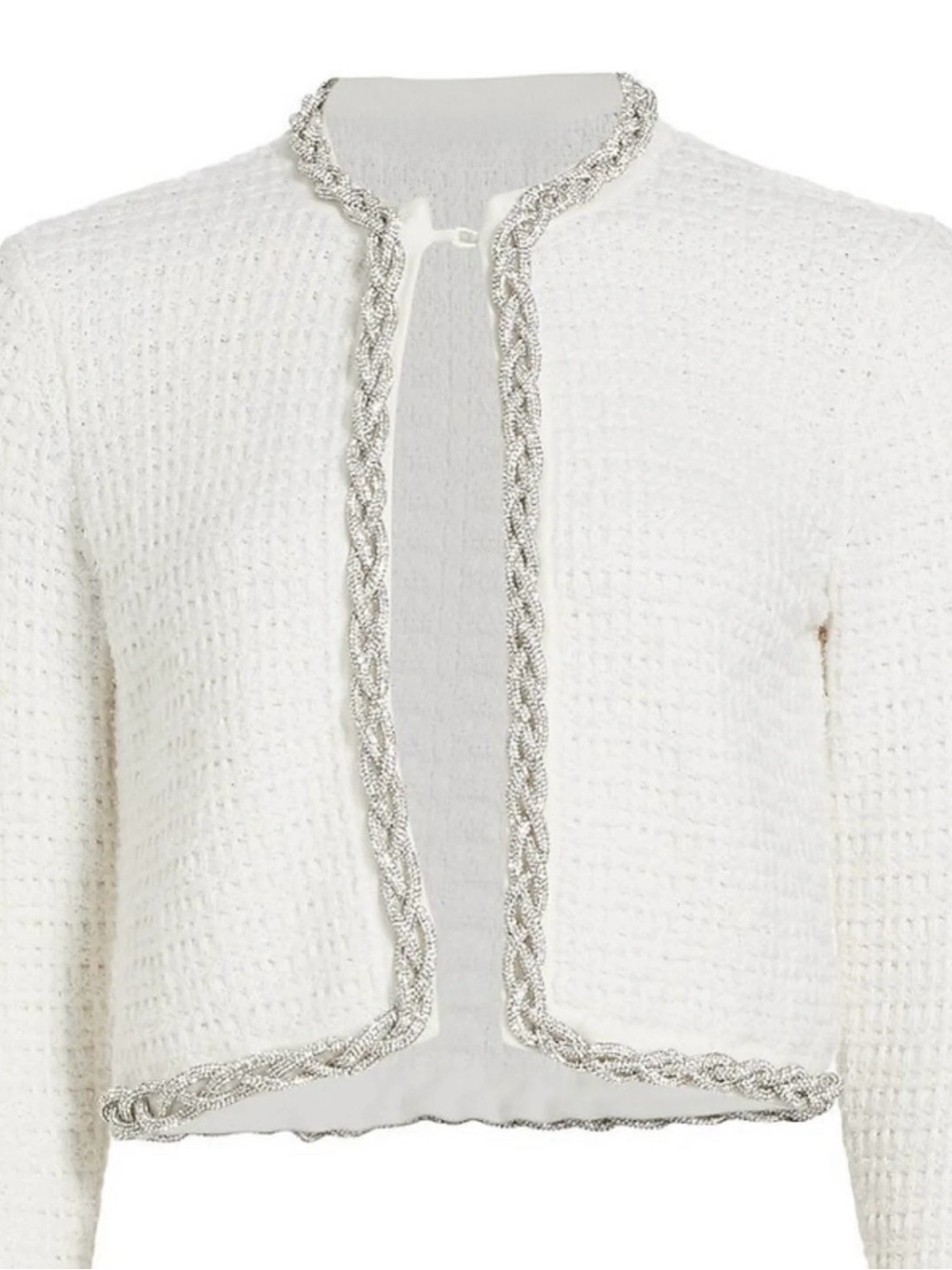 Elie Tahari White Tweed Cardigan with Silver Braided Trim